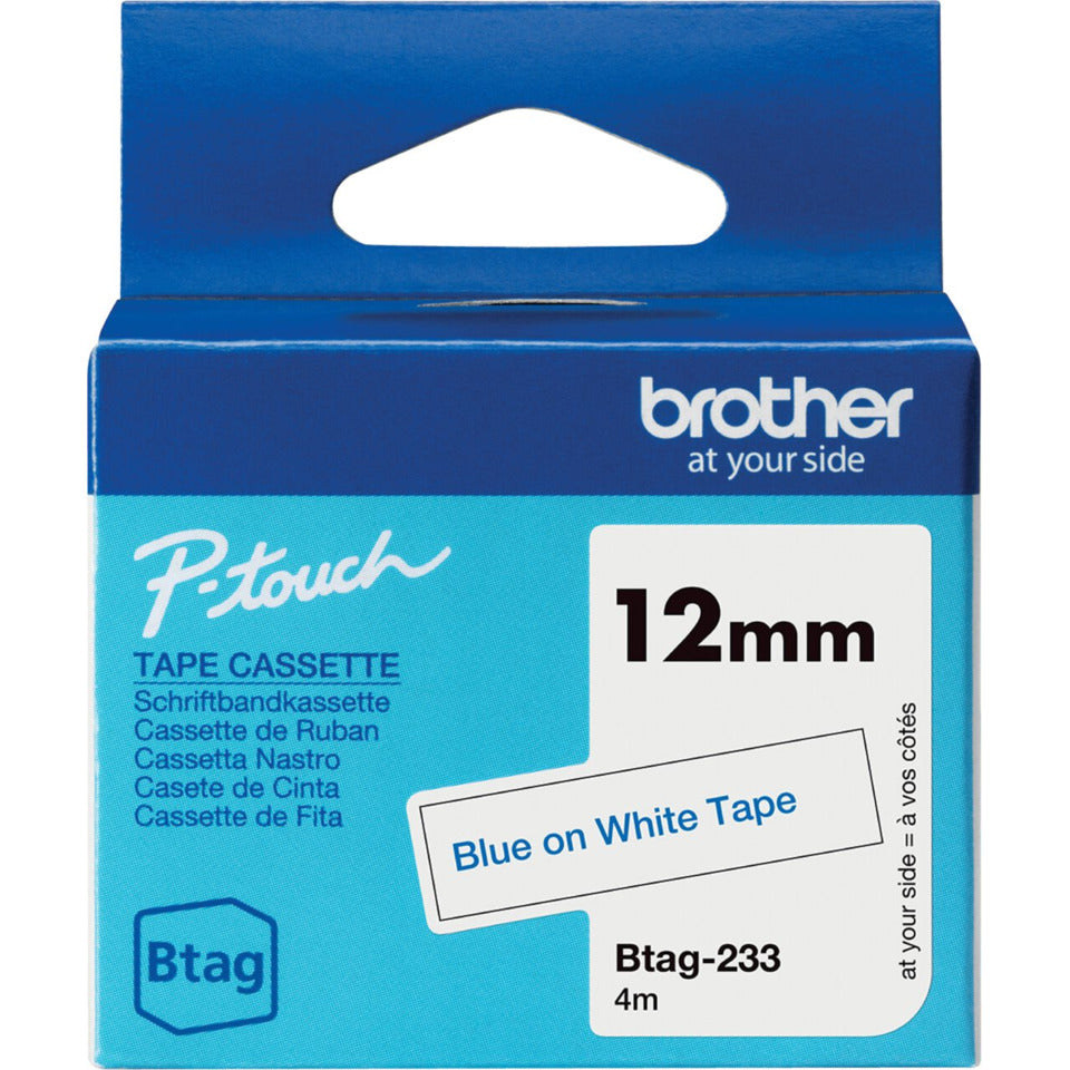 Schriftband Btag, 12 mm breit x 4 m lang, blau auf weiß BROTHER BTAG233
