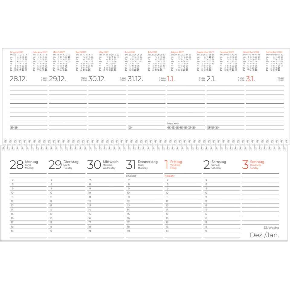 Tischkalender 2027, 29,6 x 9,9 cm, 1W/2S, blau ZETTLER 142000 ZETTLER 142000/660564 quer, Spiralbind