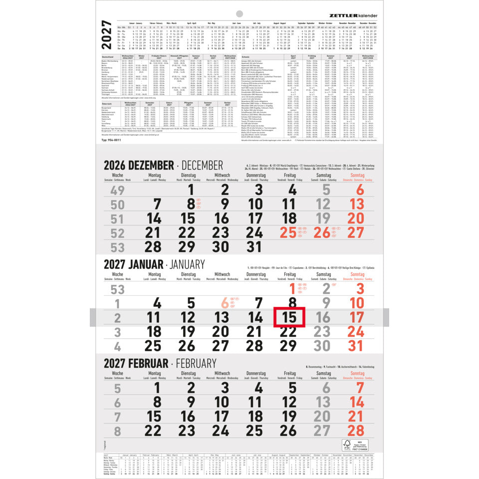 3-Monats-Wandkalender 2027, 30 x 48,8 cm, 3M/1S ALPHA 660162 ALPHA 660162/954-0011 30x49cm