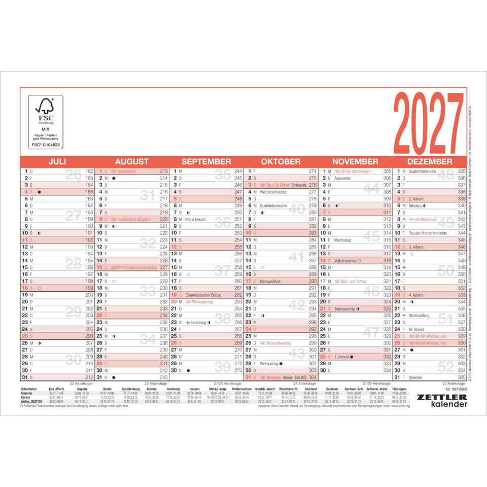 Arbeitstagekalender 2027, A4, 6M/1S ZETTLER 148100 ZETTLER 148100/660146 A4