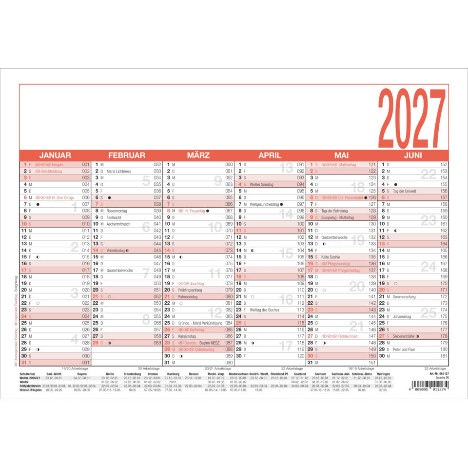 Arbeitstagekalender 2027, A4, 6M/1S ZETTLER 148100 ZETTLER 148100/660146 A4