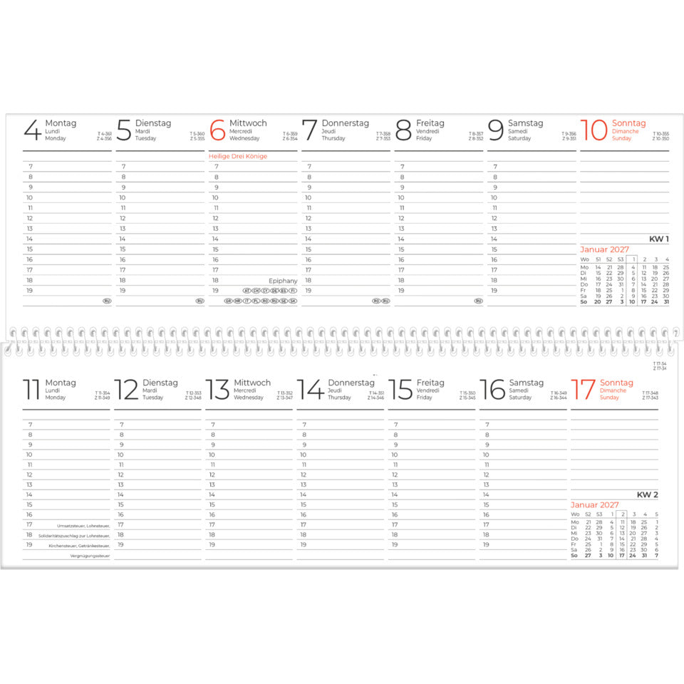 Tischkalender 2027, 26,6 x 9,9 cm, 1W/1S, blau ZETTLER 143000 ZETTLER 143000/660049 m.Spirale