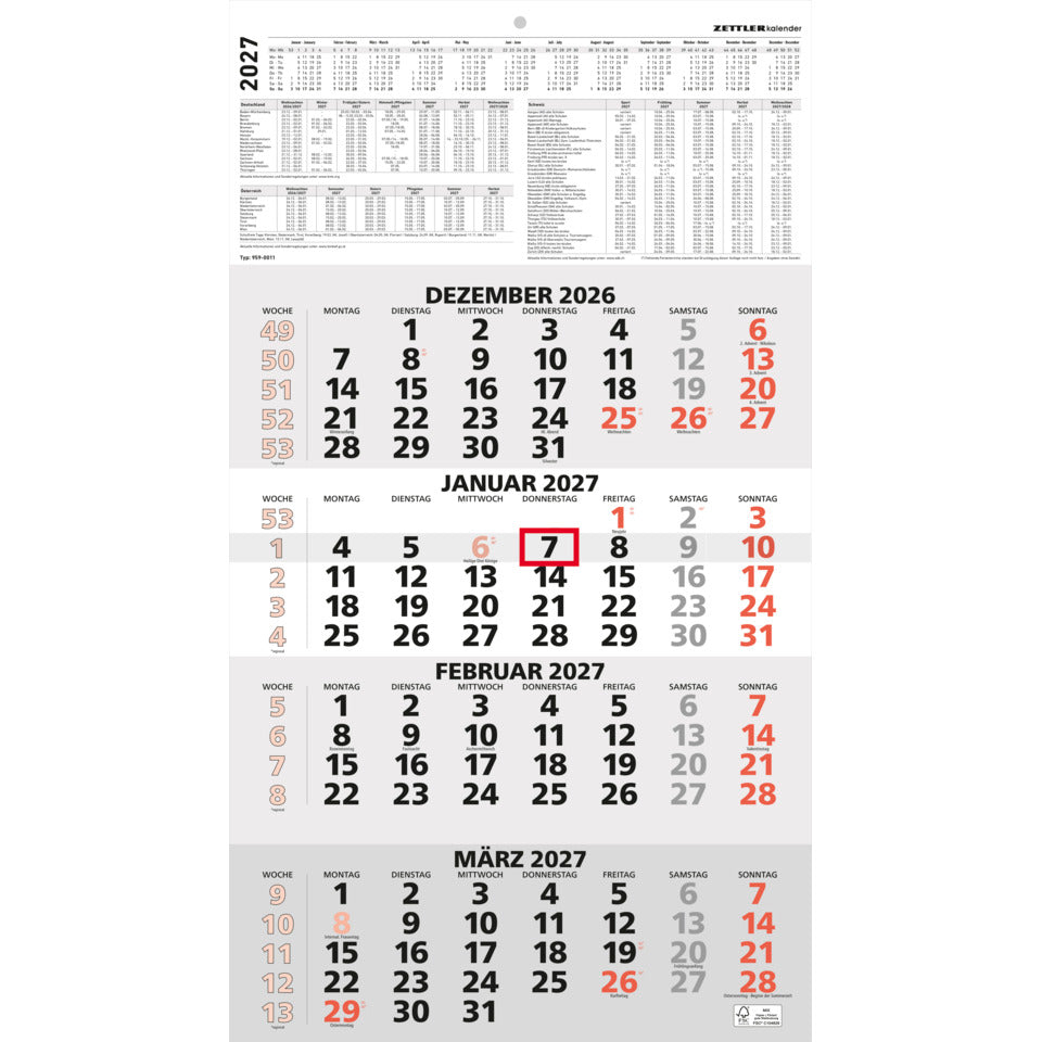 4-Monats-Wandkalender 2027, 33 x 59 cm, 4M/1S, rot ZETTLER 150200 ZETTLER 150200/660168 33x59cm