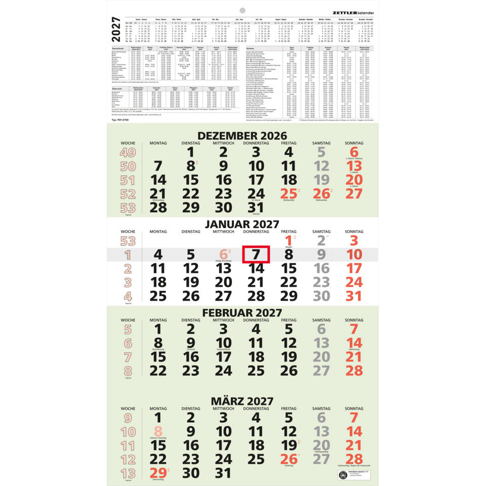 4-Monats-Wandkalender 2027, 33 x 59 cm, 4M/1S, grün ZETTLER 150400 ZETTLER 150400/660170 33x59cm