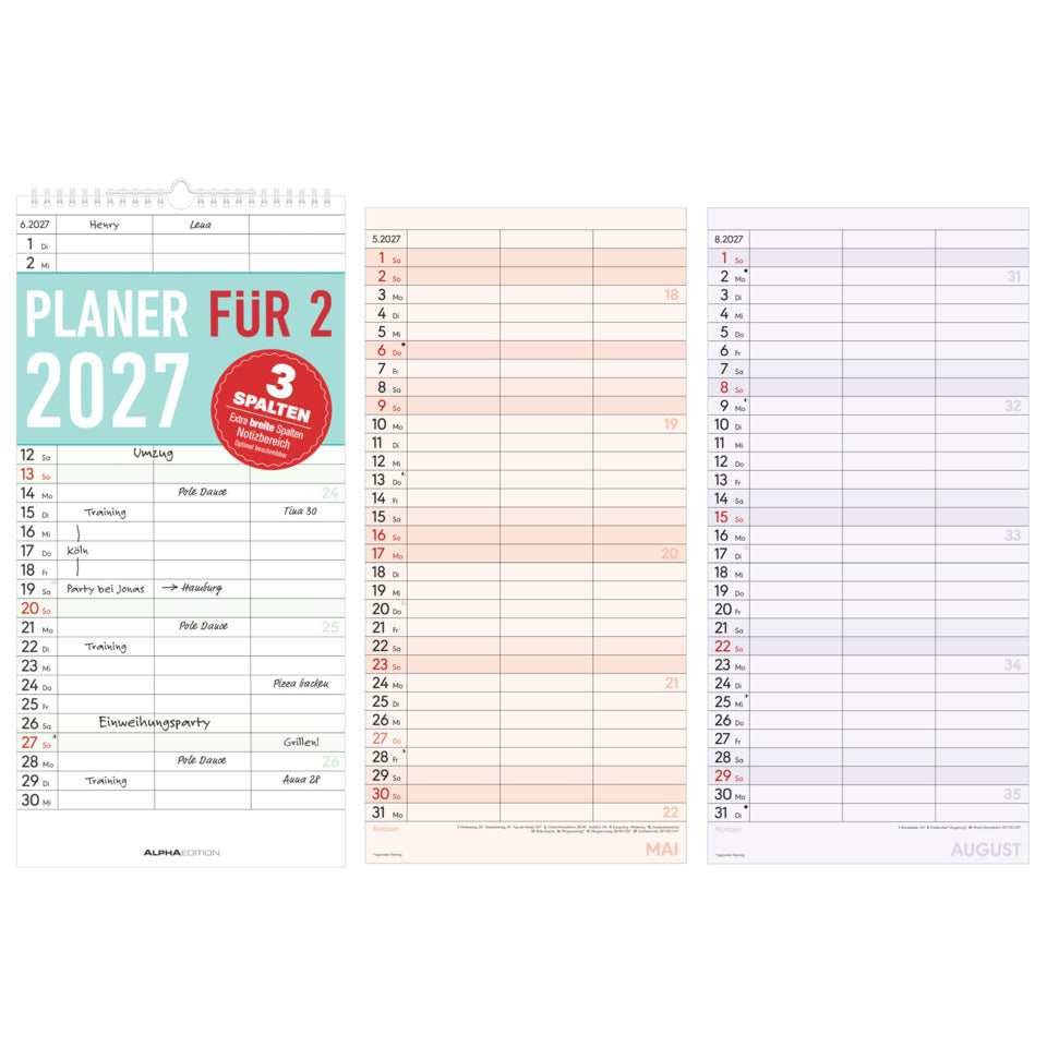 Streifenkalender Planer für 2, 22 x 45 cm, 1M/1S, 3 Spalten ALPHA 113401 ALPHA 113401 22x45cm
