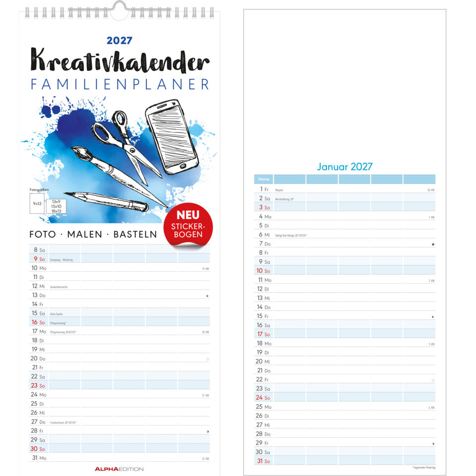 Bastelkalender Familienplaner 2027, 21 x 45 cm ALPHA 155001 ALPHA 155001 21x45cm