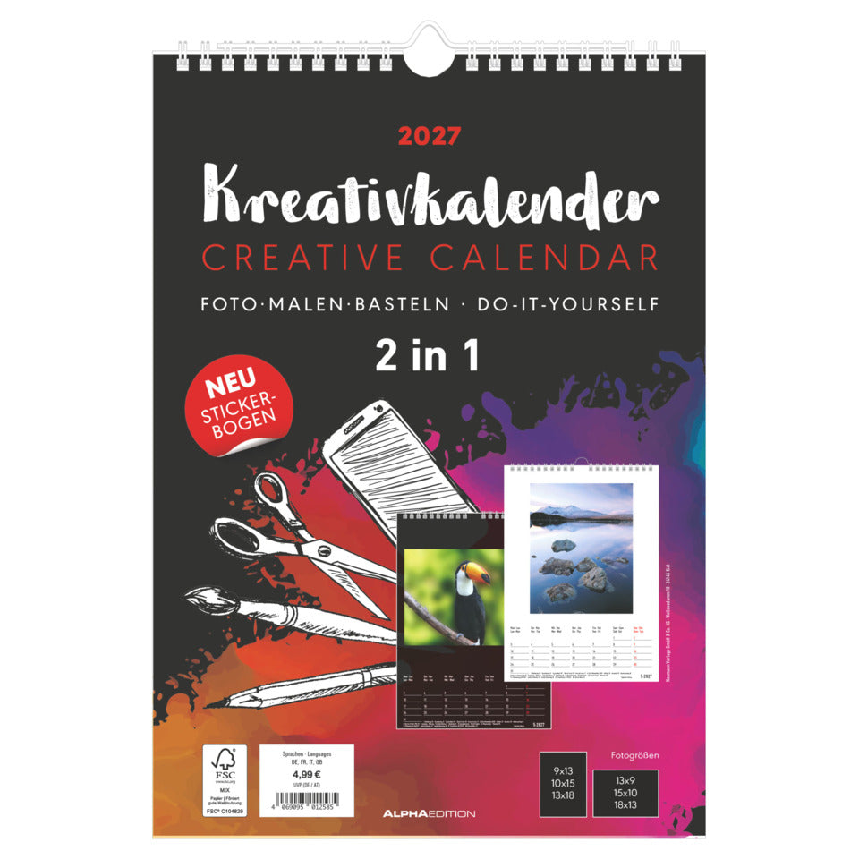 Bastelkalender 2027, 21 x 29,7 cm, 1M/1S, schwarz/weiß ALPHA 155201 ALPHA 155201 21x29,7cm