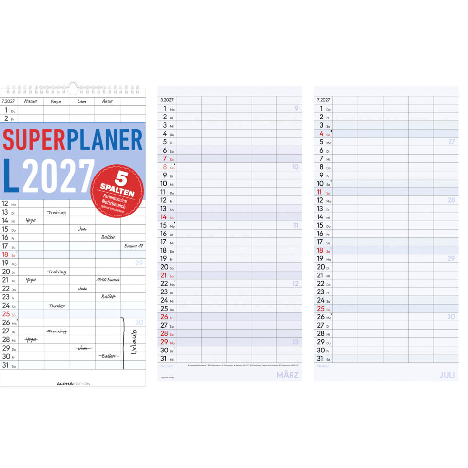 Familienkalender XL mit 5 Spalten, 22 x 45 cm ALPHA 113301 ALPHA 113301 22x45cm