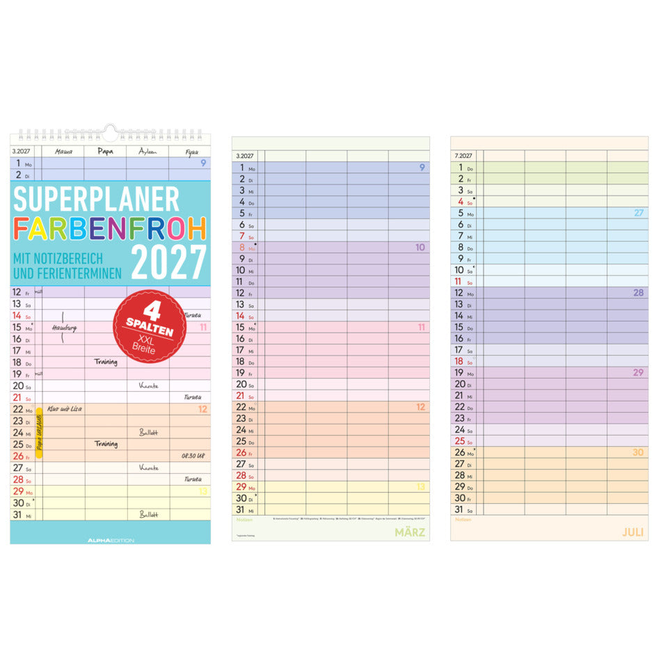 Familienkalender Farbenfroh, 22 x 45cm, 1M/1S, 4 Spalten ALPHA 113101 ALPHA 113101 22x45cm 4 Spalten
