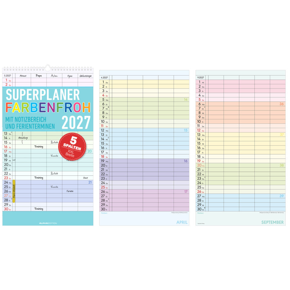 Familienplaner Farbenfroh 2027, 26 x 45 cm, 5 Spalten ALPHA 162901 ALPHA 162901 5Spalten 26x45cm