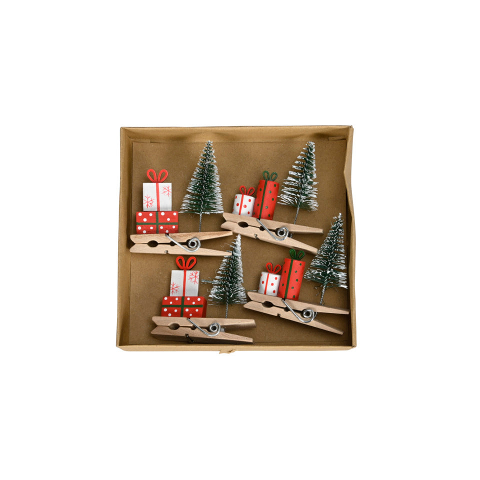 Klammer mit Geschenken und Bäumen, 7,5 x 2 x 8 cm, 4 Stück, rot/grün POSIWIO 690198000422 POSIWIO 690198000422 4er
