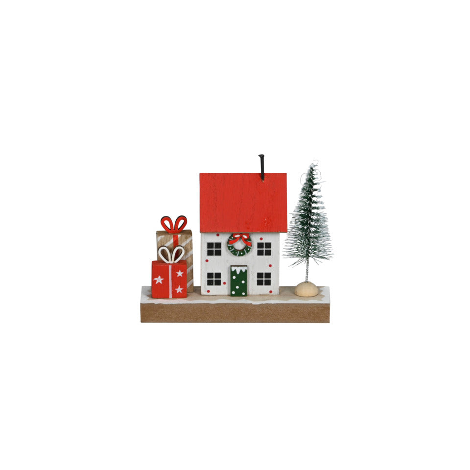 Haus mit Baum und Geschenken, 11 x 3 x 9,5 cm, MDF, weiß/rot POSIWIO 690191011106