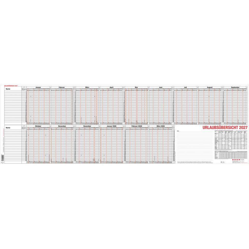 Urlaubsübersicht 2027 - 25 Mitarbeiter, 97,4 x 31 cm, 15M/1S GÜSS 12-55 GÜSS 12-55 25 Mitarbeiter