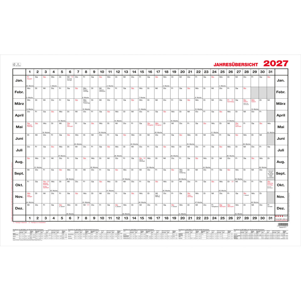 Wandkalender Jahresübersicht 2027, 60 x 42 cm, 1J/1S GÜSS 4V GÜSS 4V Jahresübersicht 60x42cm