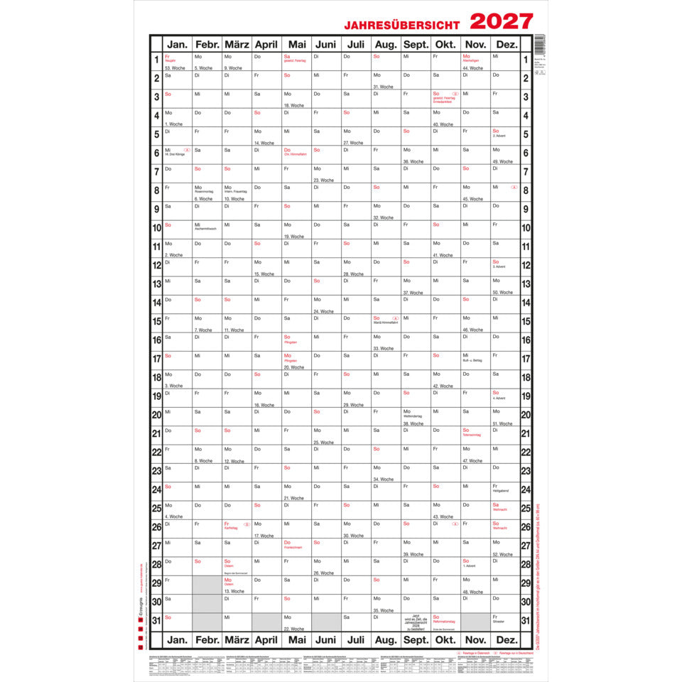 Jahresübersicht 2027, A1 Hoch, 60 cm x 98 cm GÜSS 5AV GÜSS 5AV Jahresübersicht 12M 1S