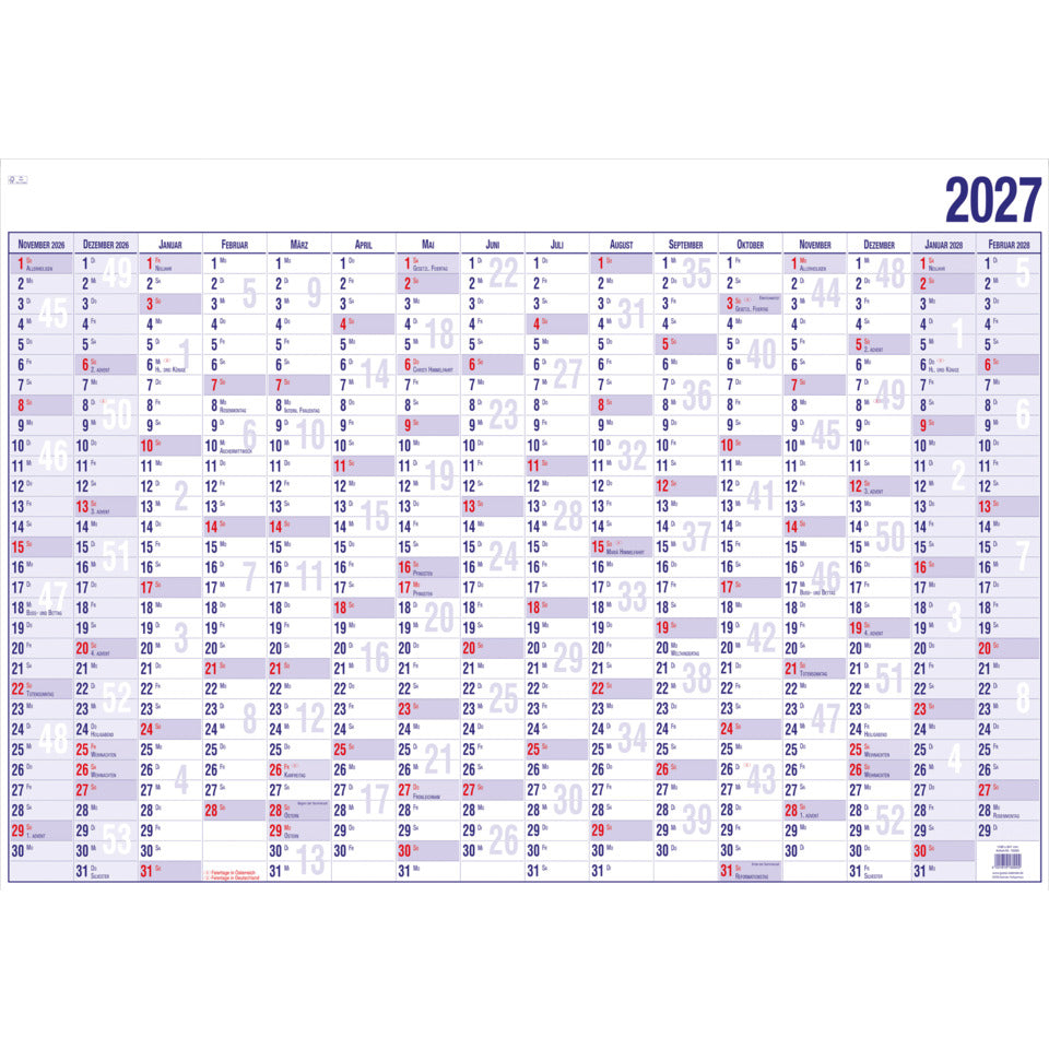 Wandkalender 2027, A4, 16M/1S GÜSS 20000 GÜSS 20000 16 Monate 2 farb.
