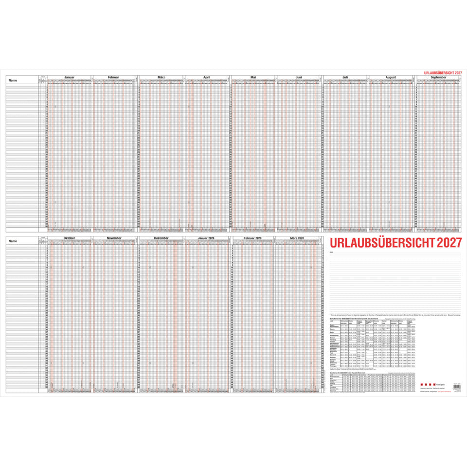 Urlaubsübersicht 2027 für 60 Mitarbeiter mit Beschichtung - 120cm x 84cm GÜSS 12-80V GÜSS 12-80V 60 Mitarbeiter