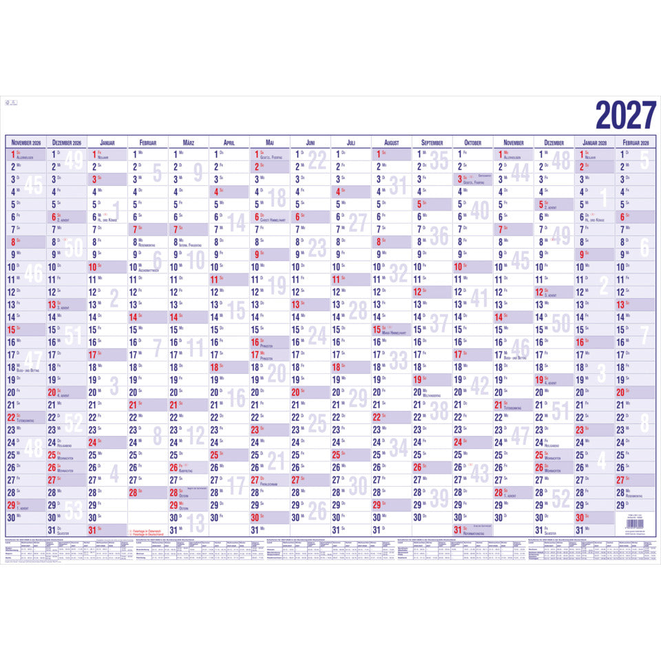 Wandkalender 2027, 120 x 84 cm,16M/1S GÜSS 16000V