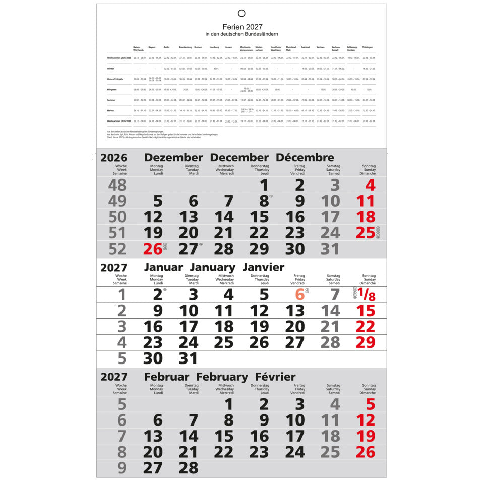 3-Monatskalender 2027, 30 x 49 cm, 3M/1S GÜSS 55980 GÜSS 55980 30 x 49 cm