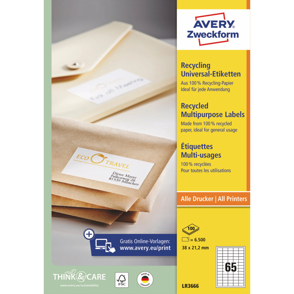 Universaletiketten, 38 x 21,2 mm, 6.500 Stück, weiß AVERY ZWECKFORM LR3666 ZWECKFORM LR3666  6500St