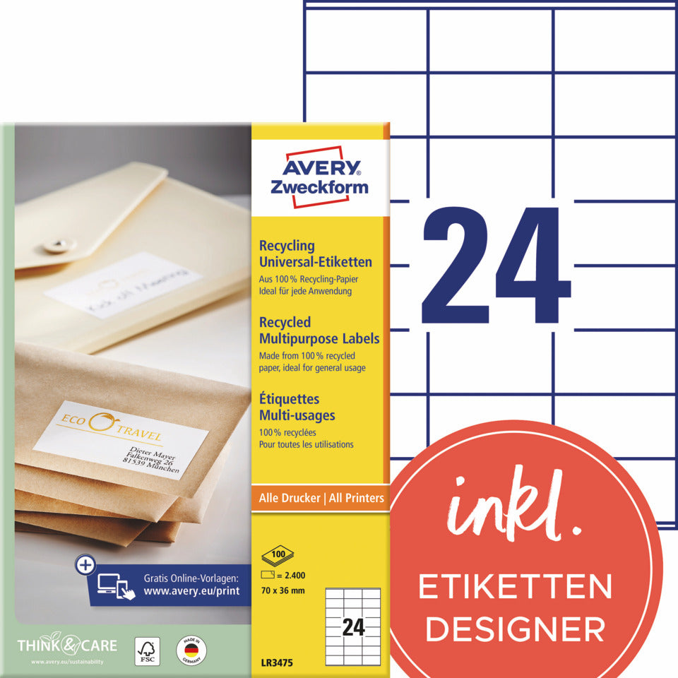 Universaletiketten, 70 x 36 mm, 240 Stück, naturweiß AVERY ZWECKFORM LR3475 ZWECKFORM LR3475  2400St