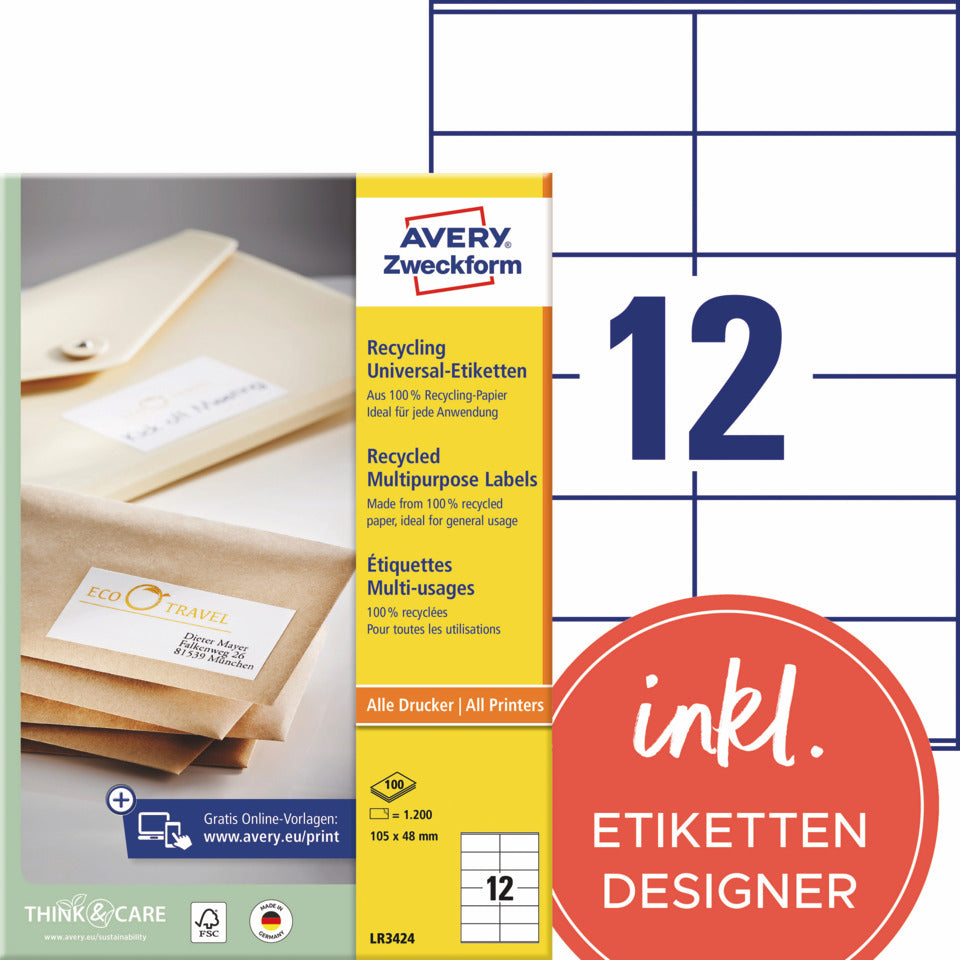Universal-Etiketten, 105 x 48 mm, 1200 Stück, naturweiß AVERY ZWECKFORM LR3424 ZWECKFORM LR3424  1200St