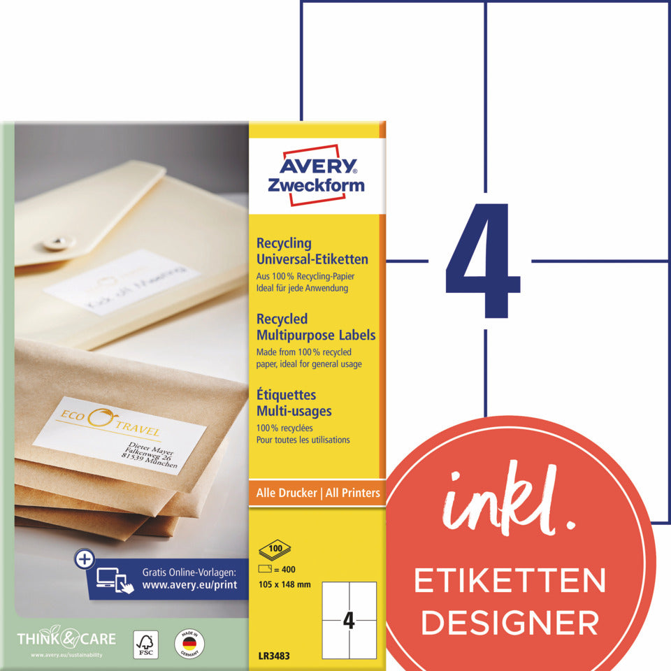 Universaletiketten, 105 x 148 mm, 400 Stück, naturweiß AVERY ZWECKFORM LR3483 ZWECKFORM LR3483  400St