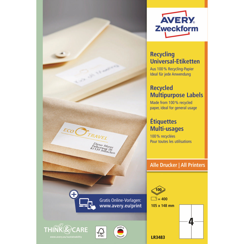 Universaletiketten, 105 x 148 mm, 400 Stück, naturweiß AVERY ZWECKFORM LR3483 ZWECKFORM LR3483  400St