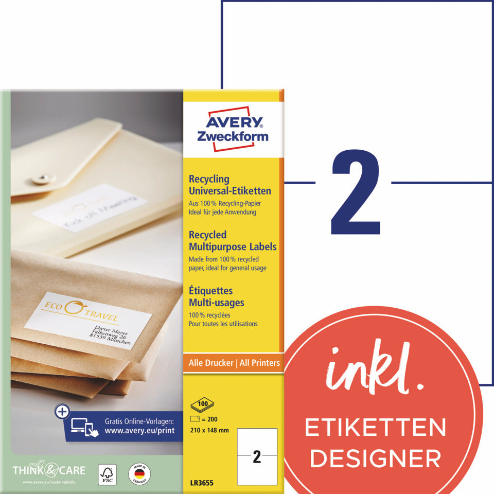 Universaletiketten, 210 x 148 mm, 200 Stück, naturweiß AVERY ZWECKFORM LR3655 ZWECKFORM LR3655  200St