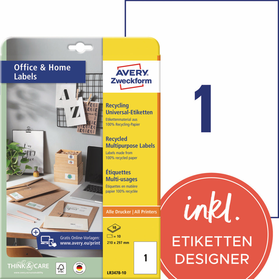 Universaletiketten, 210 x 297 mm, 100 Stück, naturweiß AVERY ZWECKFORM LR3478-10 AVERY ZWECKFORM LR3478-10 10 Blatt