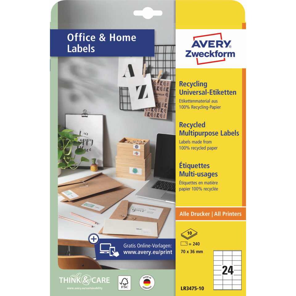 Universaletiketten, 70 x 36 mm, 240 Stück, naturweiß AVERY ZWECKFORM LR3475-10 AVERY ZWECKFORM LR3475-10 10 Blatt