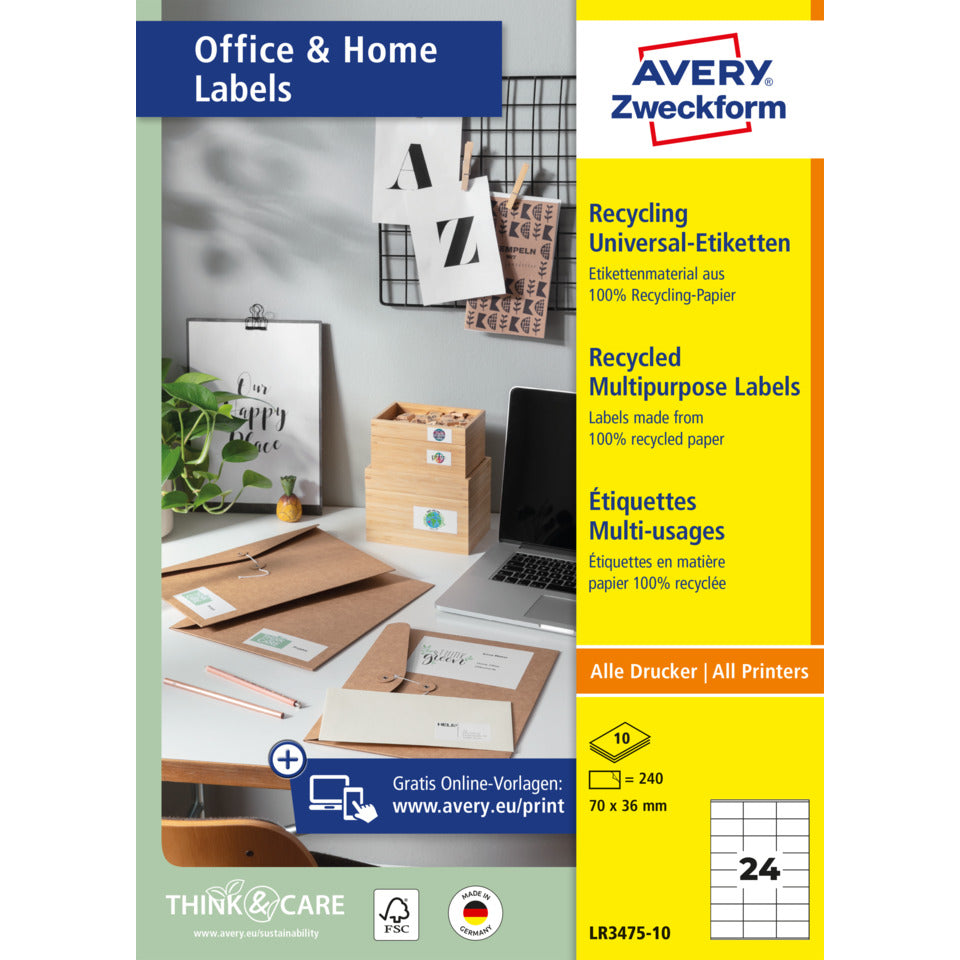 Universaletiketten, 70 x 36 mm, 240 Stück, naturweiß AVERY ZWECKFORM LR3475-10 AVERY ZWECKFORM LR3475-10 10 Blatt