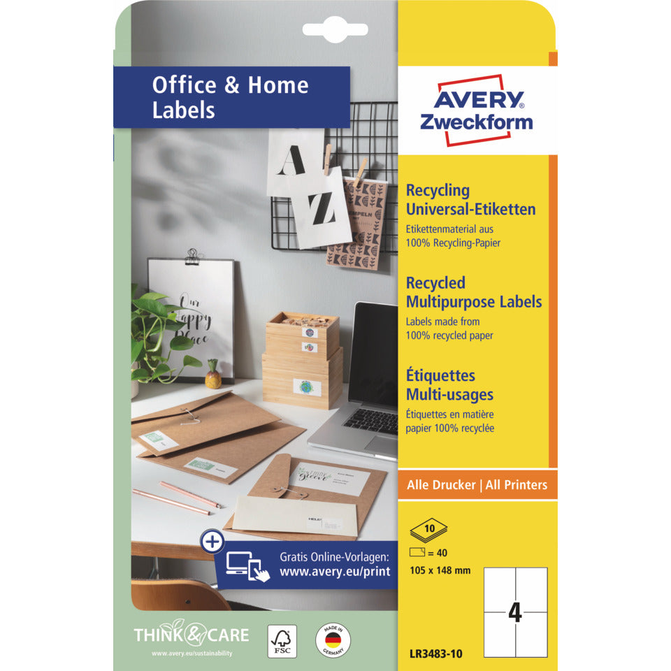 Universaletiketten, 105 x 148 mm, 40 Stück, naturweiß AVERY ZWECKFORM LR3483-10 AVERY ZWECKFORM LR3483-10 10 Blatt