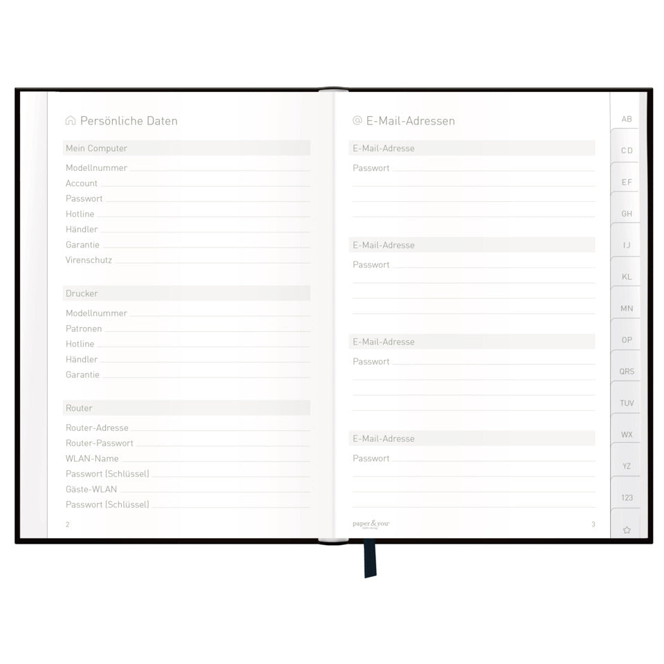 Passwort-Organizer, A6+, 120g/m², 72 Blatt, sortiert PAPER&YOU 11556-0