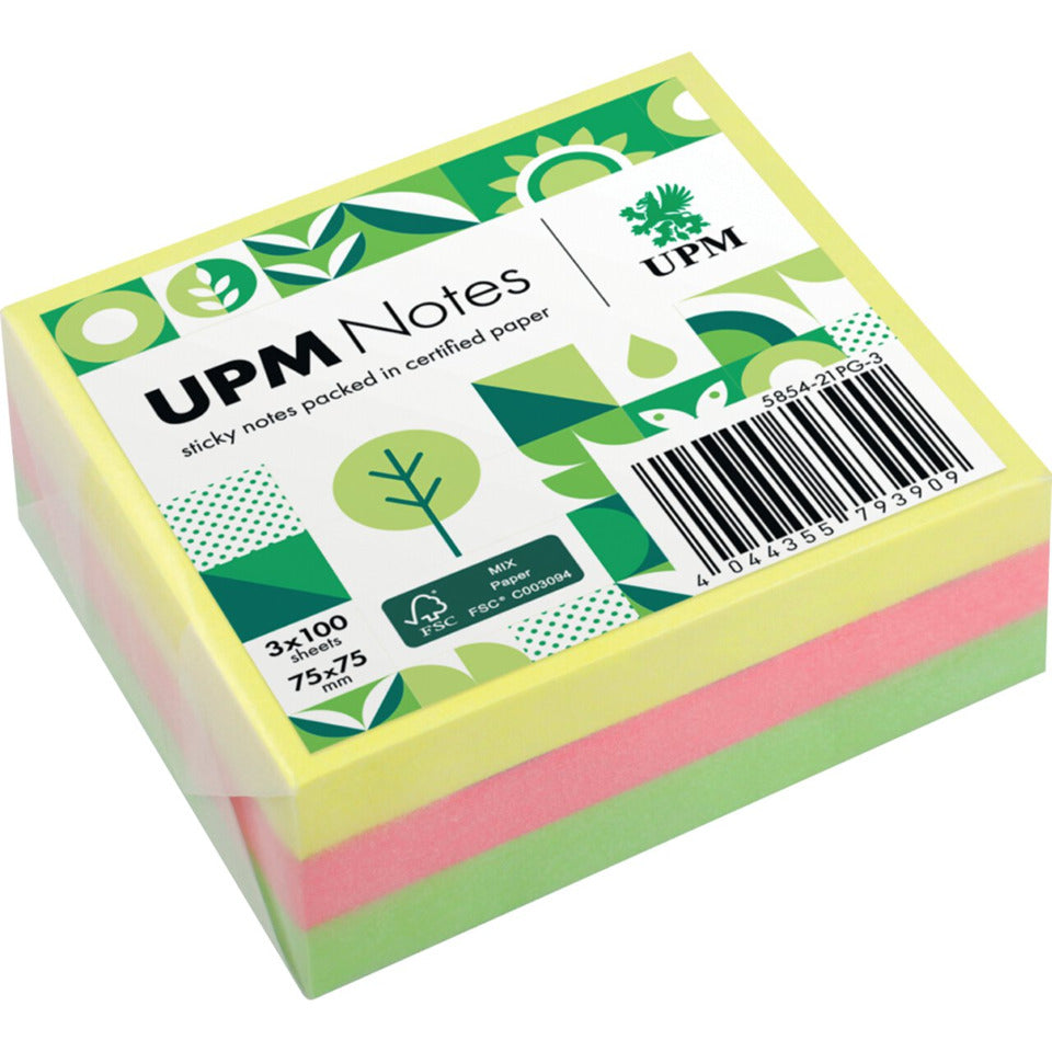 Haftnotiz, 75 x 75 mm, Brillant Mix, gelb, pink, grün, 100 Blatt/Block, 3 Blöcke, Pergaminverpackung UPM 5854-21PG-3 GLOBAL NOTES 5854-21PG-3