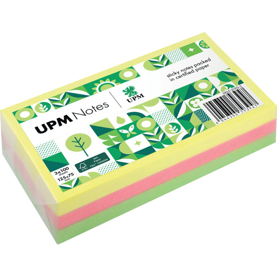 Haftnotiz, 125 x 75 mm, Brillant Mix, gelb, pink, grün, 100 Blatt/Block, 3 Blöcke, Pergaminverpackung UPM 5855-21PG-3 GLOBAL NOTES 5855-21PG-3