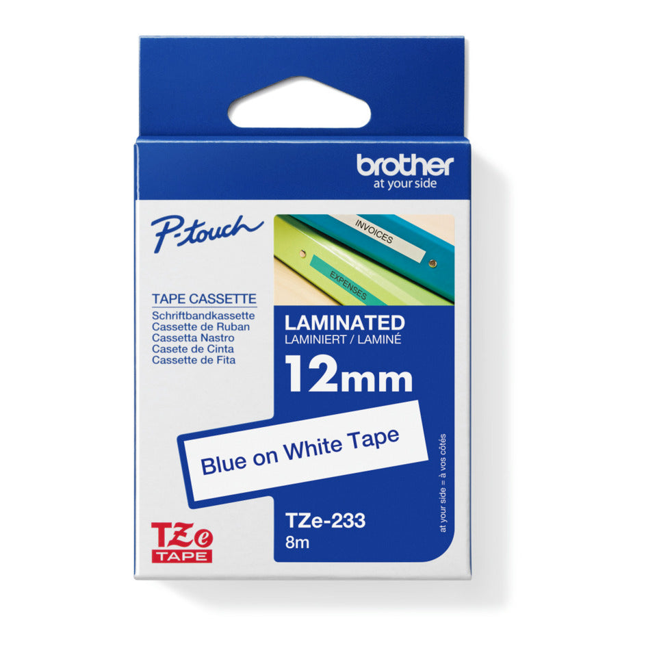Schriftband laminiert, 12mmx8m, blau/weiß BROTHER TZE233 BROTHER TZE233 laminiert