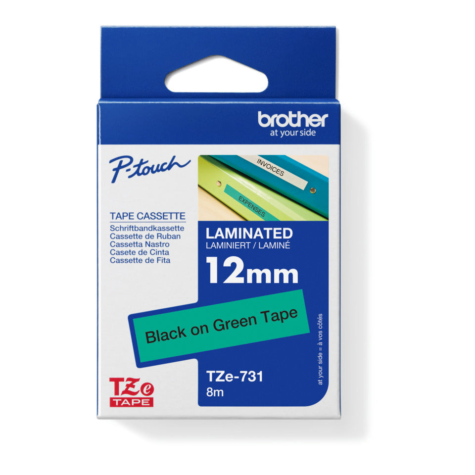 Schriftband laminiert, 12mmx8m, schwarz/grün BROTHER TZE731 BROTHER TZE731 laminiert