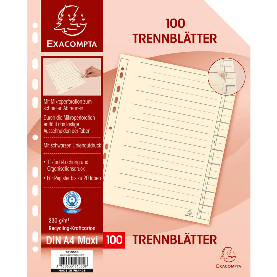Trennblätter, DIN A4, Mikroperforation, einfaches Abtrennen der Taben, chamois, 100 Stück EXACOMPTA 381550B EXACLAIR 381550B