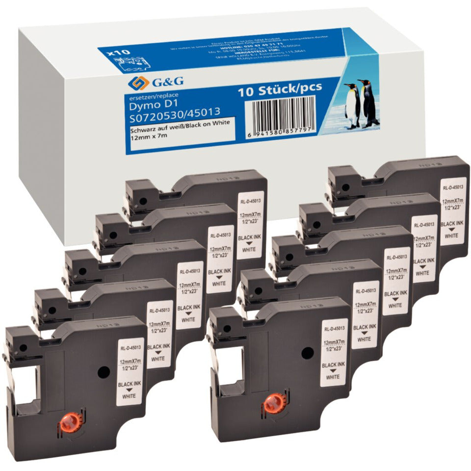 Schriftband ersetzt DYMO 45013, 12 mm x 7 m, schwarz/weiß G&G 19332