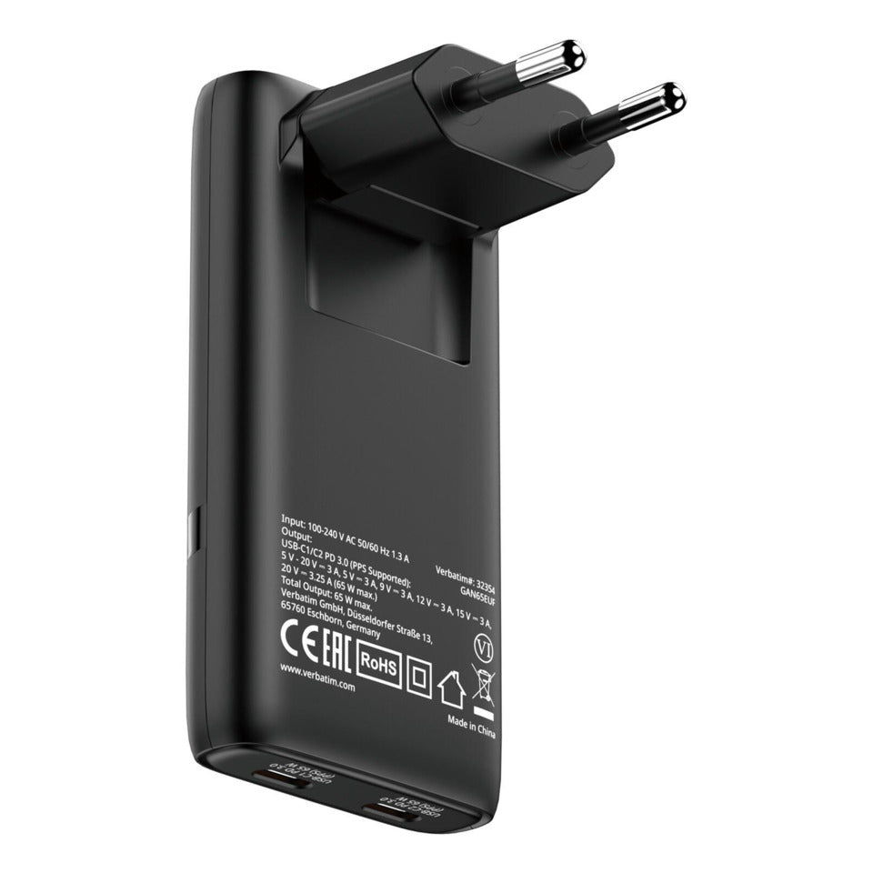 Fold 'n' Go GaN Ladegerät, 65W 2-Port EU-Stecker, schwarz VERBATIM 32354