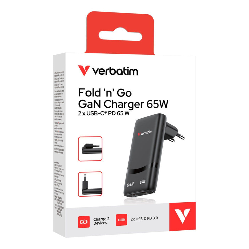 Fold 'n' Go GaN Ladegerät, 65W 2-Port EU-Stecker, schwarz VERBATIM 32354