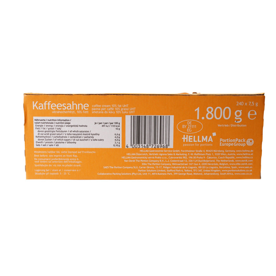 Kaffeesahne, 10 % Fett, 240 Portionen à 7,5 g, ultrahocherhitzt HELLMA 70102696