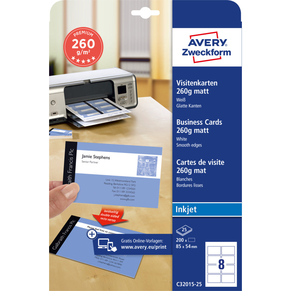 Visitenkarten Premium, 85x54mm, 260g/m², 200 Stück, weiß AVERY ZWECKFORM C32015-25 ZWECKFORM C32015-25 85x54mm 260g