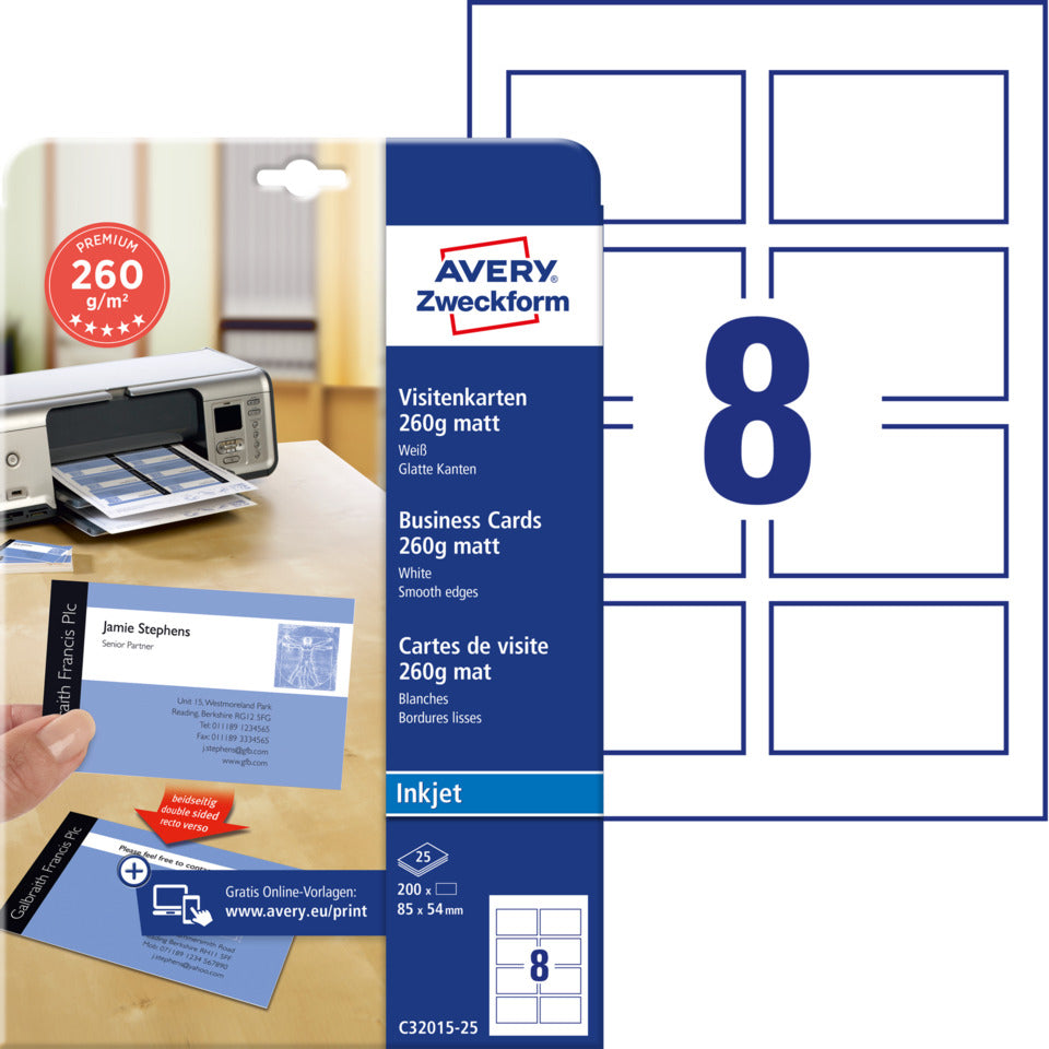 Visitenkarten Premium, 85x54mm, 260g/m², 200 Stück, weiß AVERY ZWECKFORM C32015-25 ZWECKFORM C32015-25 85x54mm 260g