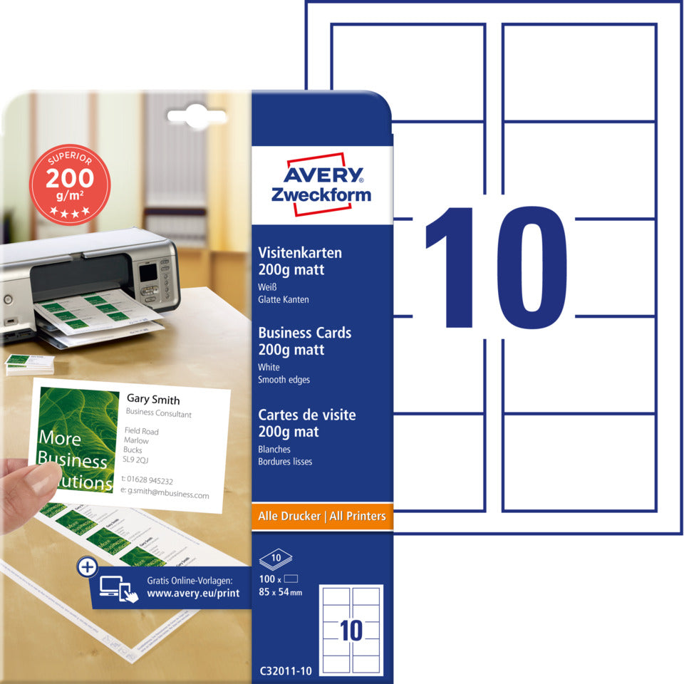 Visitenkarten Superior, 85x54mm, 200g/m², 100 Stück, weiß AVERY ZWECKFORM C32011-10 ZWECKFORM C32011-10  200g