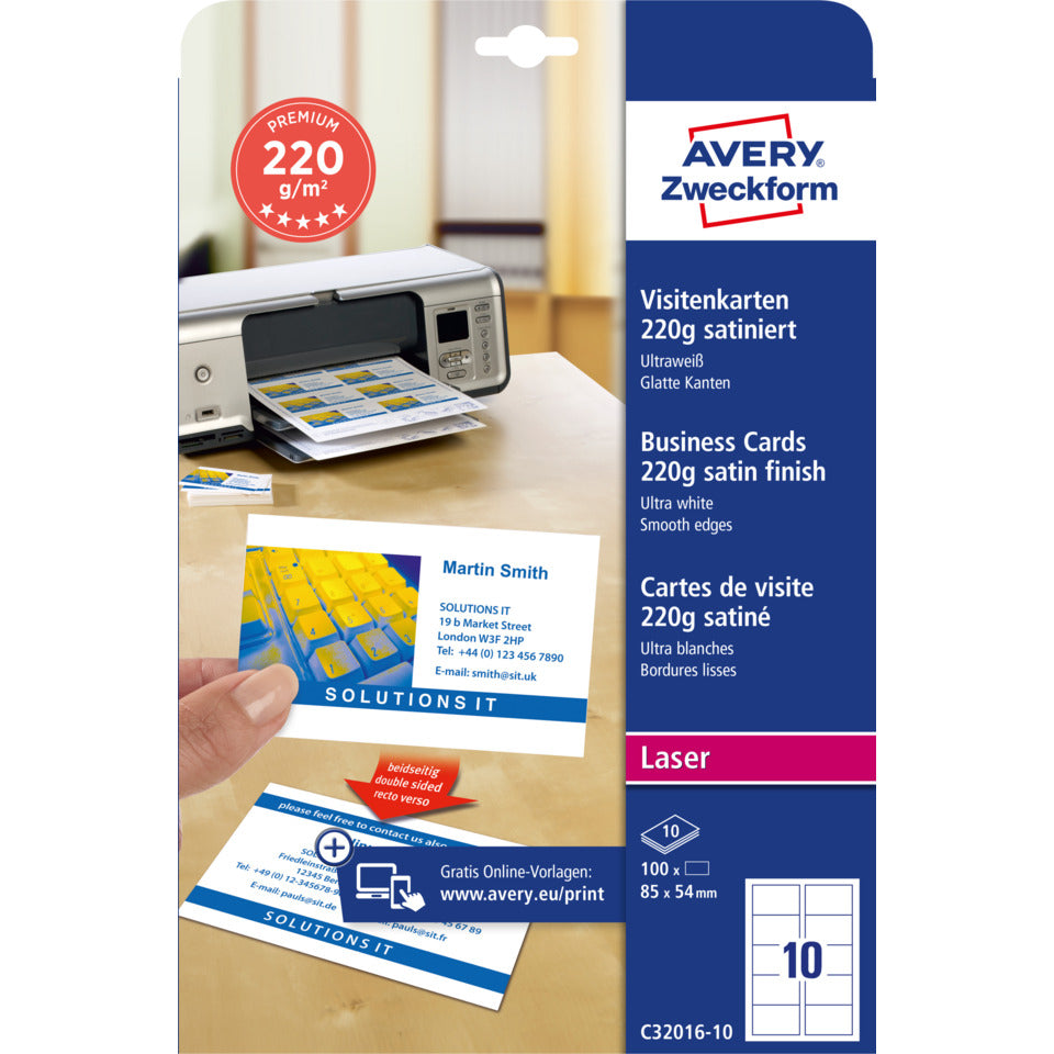 Visitenkarten Classic, 85x54mm, 220g/m², 100 Stück, weiß AVERY ZWECKFORM C32016-10 ZWECKFORM C3201610 85x54mm 260g