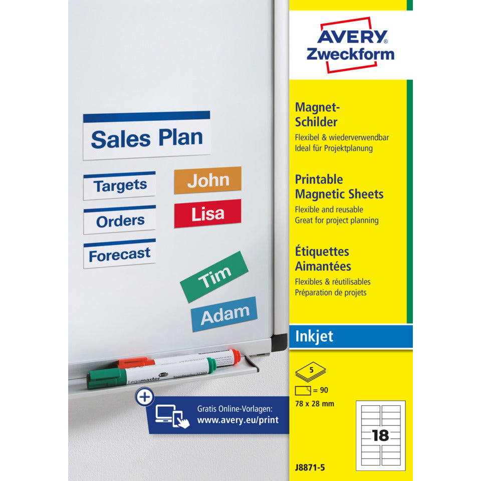 Magnet-Schilder, 78x28mm, 90 Stück, weiß AVERY ZWECKFORM J8871-5 ZWECKFORM J88715 5BL A4 90 ST