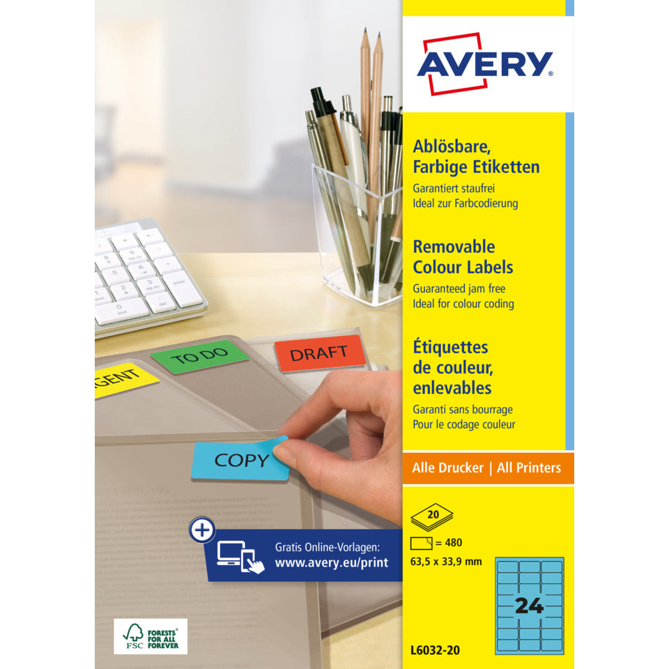 Etiketten farbig ablösbar, 63,5x33,9mm, 480 Stück, blau AVERY ZWECKFORM L6032-20 ZWECKFORM L6032-20  480St