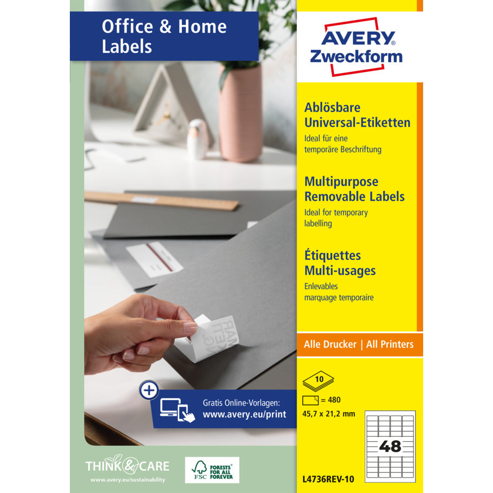 Universaletiketten ablösbar, 45,7x21,2mm, 480 Stück, weiß AVERY ZWECKFORM L4736REV-10 ZWECKFORM L4736REV-10  480St